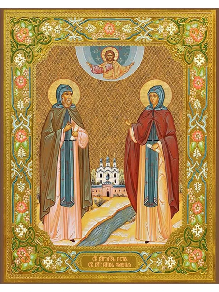Икона Пётр и Феврония в монашеских одеждах в киоте